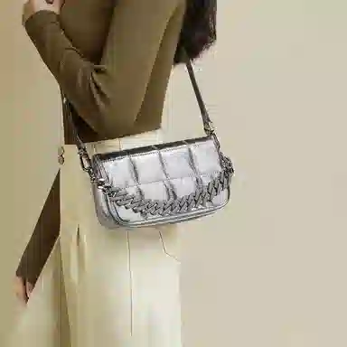 红蜻蜓 通勤小香风菱格链条百搭 牛皮拼超纤合成革 斜挎包 女款 黑色/银色