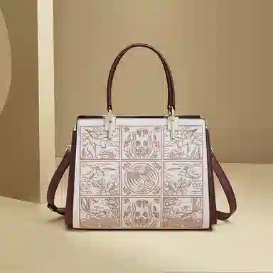 红蜻蜓 百搭国风刺绣质感图案高端时尚 牛皮 单肩手提包 女款 奶茶色