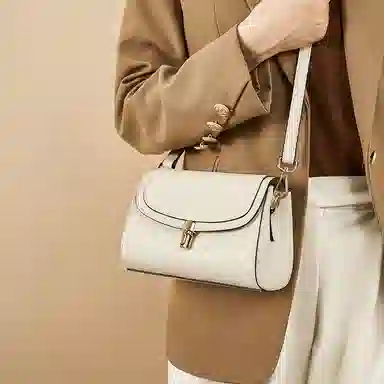 红蜻蜓 高级感经典复古时尚百搭 牛皮 单肩斜挎包 女款 咖啡色/米白色