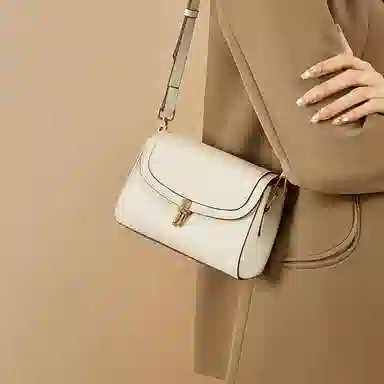 红蜻蜓 高级感经典复古时尚百搭 牛皮 单肩斜挎包 女款 咖啡色/米白色