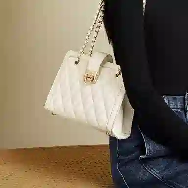 红蜻蜓 轻奢小众设计小香风高级感菱格金属双链条 牛皮 单肩包腋下包斜挎包 常规 女款 黑色