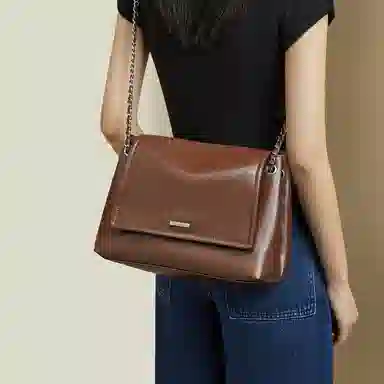 红蜻蜓 时尚复古设计小众裂纹链条简约通勤百搭款 牛皮 斜挎包 常规 女款 焦糖色/经典黑