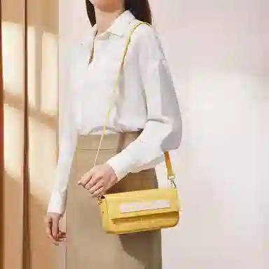 红蜻蜓 时尚印花设计 牛剖层皮革配超细纤维合成革 斜挎单肩包 女款 黄色/黑色