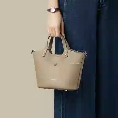 红蜻蜓 经典复古纯色荔枝纹拼接 牛皮 手提包斜挎包 女款 卡其色