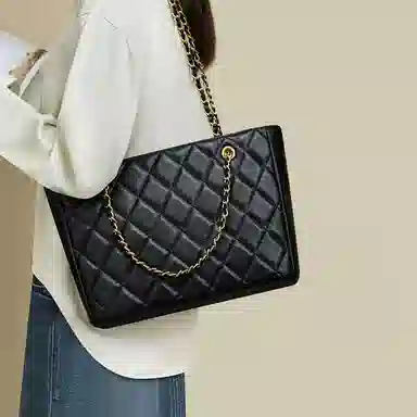 红蜻蜓 小香风菱格链条百搭通勤 牛剖层皮革拼超细纤维合成革 单肩包手提包腋下包托特包 常规 女款 黑色