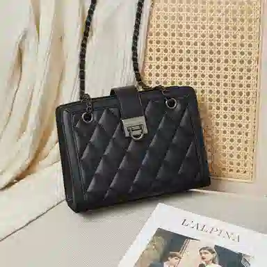 红蜻蜓 轻奢小众设计小香风高级感菱格金属双链条 牛皮 单肩包腋下包斜挎包 常规 女款 黑色