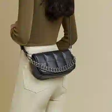 红蜻蜓 通勤小香风菱格链条百搭 牛皮拼超纤合成革 斜挎包 女款 黑色/银色