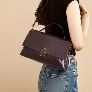 红蜻蜓 简约通勤百搭软皮美拉德风 牛皮拼合成革 单肩斜挎手提包 女款 摩卡棕/咖啡色