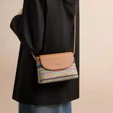 红蜻蜓 小众清新休闲出游度假撞色编织 织物拼合成革 编织小包 小号 女款 彩虹色