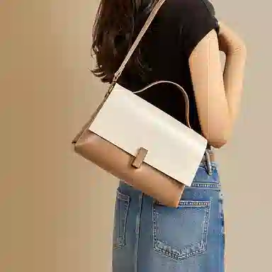 红蜻蜓 简约通勤百搭软皮美拉德风 牛皮拼合成革 单肩斜挎手提包 女款 摩卡棕/咖啡色