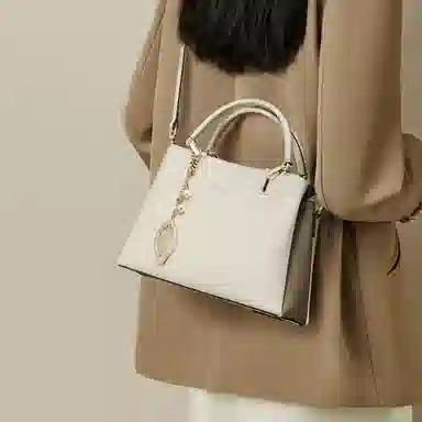 红蜻蜓 时尚百搭树叶吊饰小众拼接撞色 牛皮/超细纤维合成革 手提包斜挎包 女款 米白色