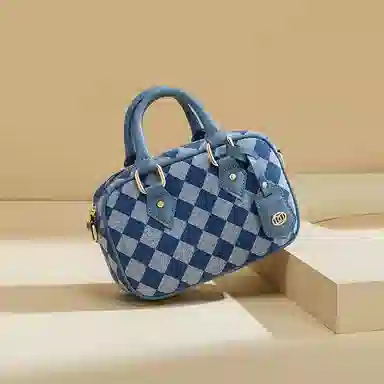 红蜻蜓 复古棋盘格 织物合成革 单肩包手提包 男女同款情侣款 牛仔蓝