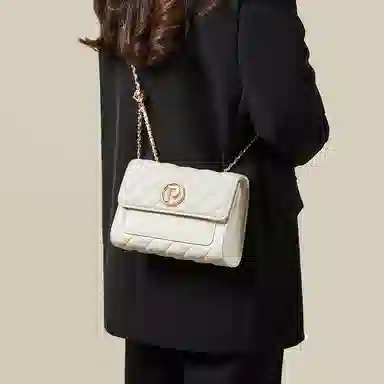 红蜻蜓 小香风时尚菱格磁扣开合 牛剖层皮革超细纤维合成革 链条包单肩包斜挎包 中号 女款 白色