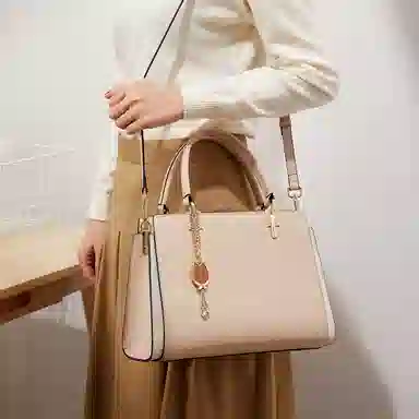 红蜻蜓 大容量通勤拉链开合 牛皮拼超纤合成革 单肩包斜挎包手提包 中号 女款 杏色