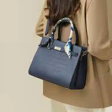 红蜻蜓 凯莉包丝巾高级感小众时尚实用百搭通勤潮流 头层牛皮 单肩斜挎手提包 女款 蓝色