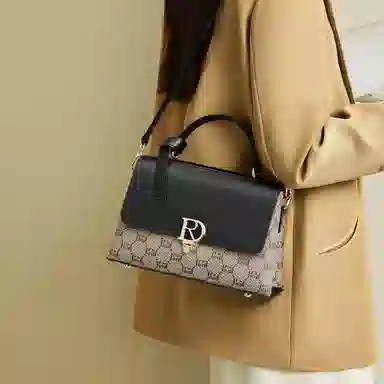 红蜻蜓 经典复古拼接简约高级感 字母小众设计百搭 织物 女包手提斜挎单肩包 春夏季 中号 女款 咖啡色/棕色