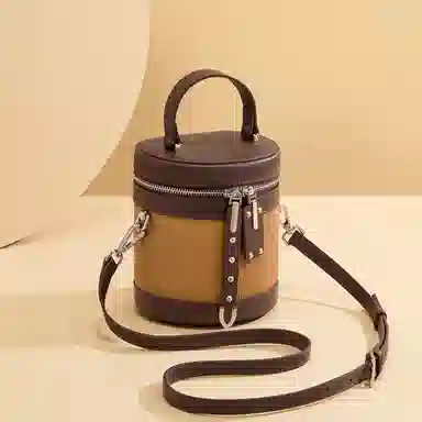 红蜻蜓 高颜值小众复古时尚简约设计感百搭高级质感 牛皮 水桶包单肩手提包 女款 米白色/棕色