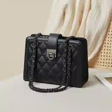 红蜻蜓 轻奢小众设计小香风高级感菱格金属双链条 牛皮 单肩包腋下包斜挎包 常规 女款 黑色