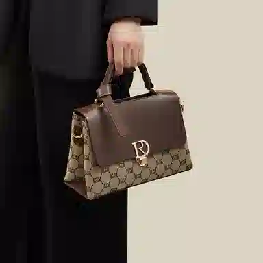 红蜻蜓 经典复古拼接简约高级感 字母小众设计百搭 织物 女包手提斜挎单肩包 春夏季 中号 女款 咖啡色/棕色