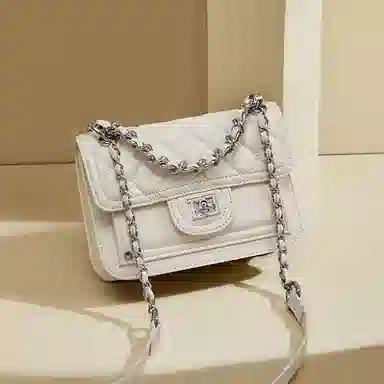 红蜻蜓 链条菱格 头层小牛皮 单肩手提包 中号 男女同款情侣款 米白色