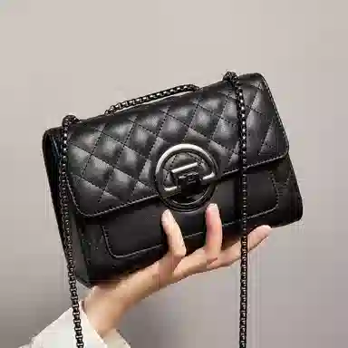 红蜻蜓 经典复古潮流时尚小众简约高级感通勤百搭菱格大容量 牛皮真皮 链条小方包斜挎单肩包 常规 女款 黑色/白色