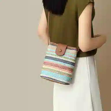 红蜻蜓 小众清新休闲出游度假撞色编织 织物拼合成革 编织小包 小号 女款 彩虹色