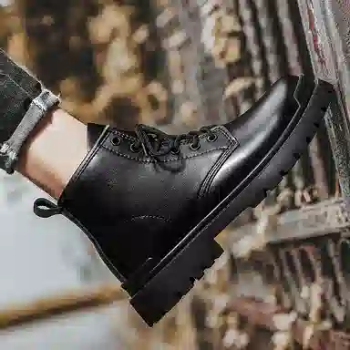 二层牛皮 通勤百搭耐磨防滑小个子厚底增高工装户外 中筒 马丁靴 男款