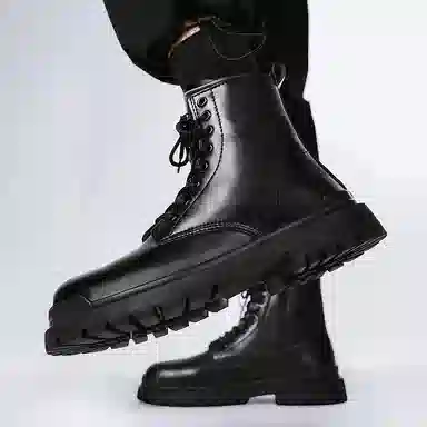 二层牛皮 通勤百搭耐磨防滑小个子厚底增高工装户外 中筒 马丁靴 男款