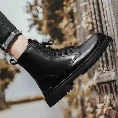 二层牛皮 通勤百搭耐磨防滑小个子厚底增高工装户外 中筒 马丁靴 男款