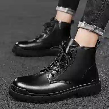 二层牛皮 通勤百搭耐磨防滑小个子厚底增高工装户外 中筒 马丁靴 男款