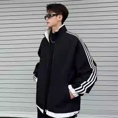 寻星记 美式复古条纹织带撞色多穿法宽松休闲夹克 男女同款