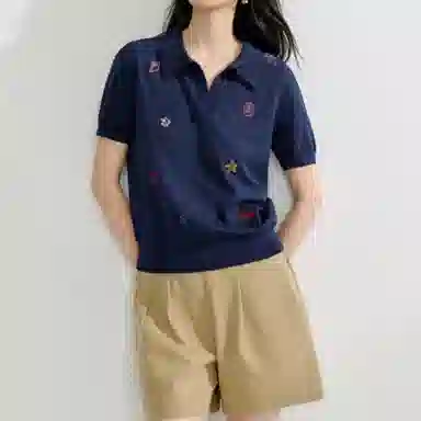 茵曼 手工钉珠刺绣通勤短袖针织衫 女款 宝蓝色