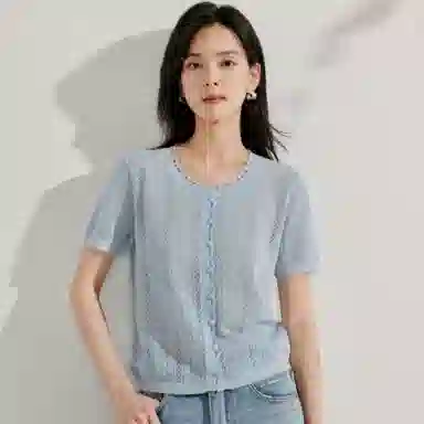 茵曼 镂空钩花老钱风短袖宽松针织衫 女款