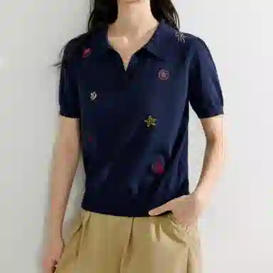 茵曼 手工钉珠刺绣通勤短袖针织衫 女款 宝蓝色