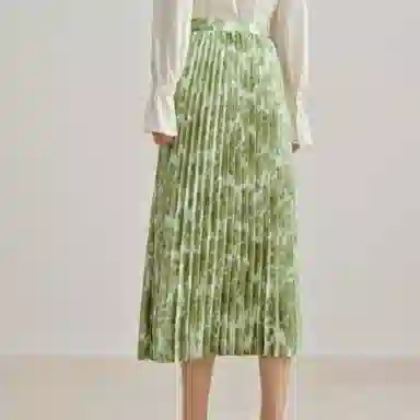 茵曼 中长款中腰百褶休闲长裙 女款 绿色