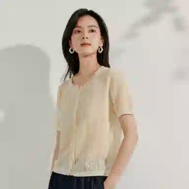 茵曼 镂空钩花老钱风短袖宽松针织衫 女款