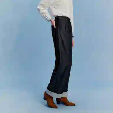 茵曼 条纹翻边宽松阔腿长款牛仔裤 女款