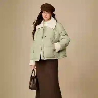 茵曼 撞色翻领宽松简约棉服 女款