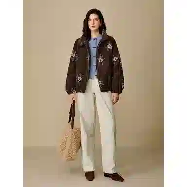 茵曼 夹棉刺绣宽松长袖棉服 女款