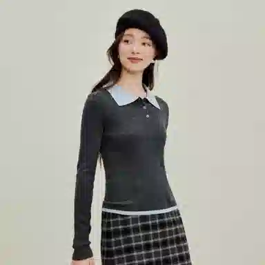 茵曼 简约翻领羊毛套头针织长袖毛衣 女款