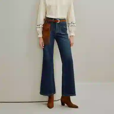 茵曼 复古喇叭双扣高腰长款牛仔裤 女款