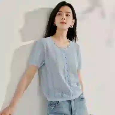 茵曼 镂空钩花老钱风短袖宽松针织衫 女款