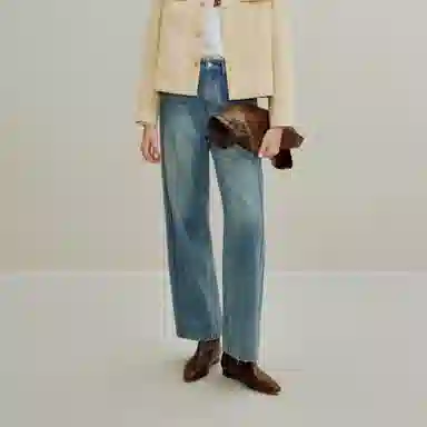 茵曼 棉磨边直筒宽松牛仔裤 女款