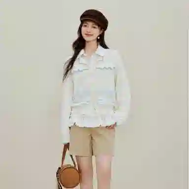 茵曼 撞色条纹镂空针织开衫长袖毛衣 女款