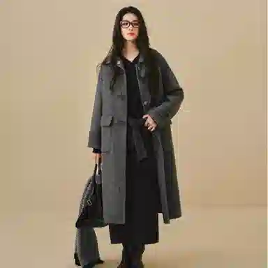 茵曼 羊驼毛蚕丝牛角扣长款双面呢大衣 女款