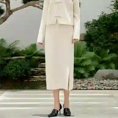 茵曼 新款纯色气质高腰休闲长裙 女款 米白色
