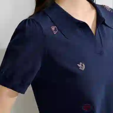 茵曼 手工钉珠刺绣通勤短袖针织衫 女款 宝蓝色