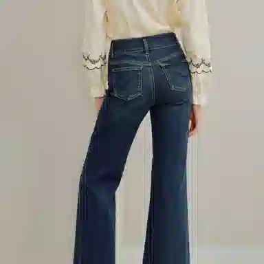 茵曼 复古喇叭双扣高腰长款牛仔裤 女款