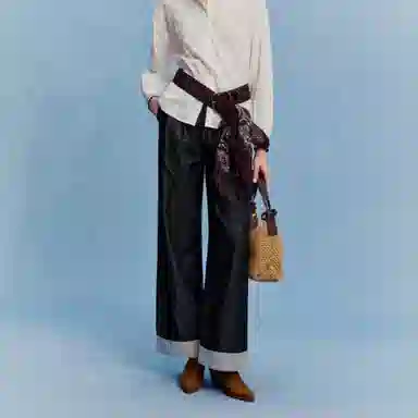 茵曼 条纹翻边宽松阔腿长款牛仔裤 女款