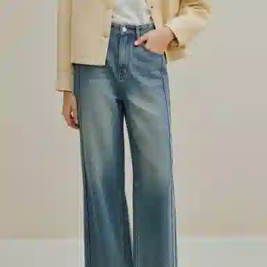 茵曼 棉磨边直筒宽松牛仔裤 女款